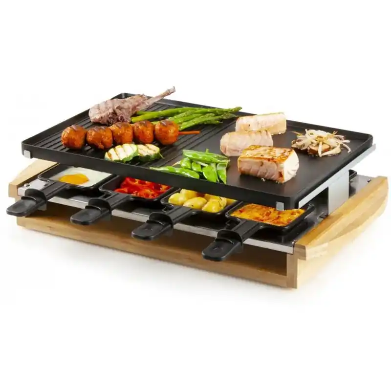Neu DOMO Raclette-Grill 1200 W, Set mit 8 Pfännchen, Bambusholz DO9246G