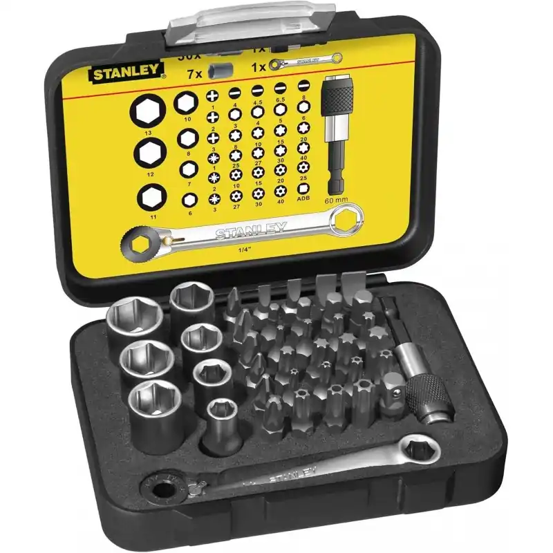 Stanley 1-13-907 1/4" Bit-Satz, 25 mm, mit Knarrenschlüssel und Steckschlüsseln, 40-teilig Meistverkauft