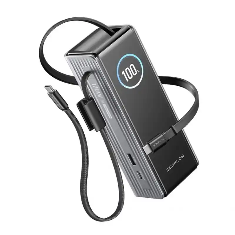 Beliebt EcoFlow RAPID Powerbank (25 000 mAh, 170 W) 2×100 W integriertes USB-C-Kabel – Silber