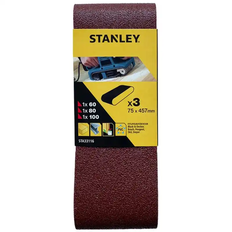Stanley STA33116-XJ Schleifbänder 75x457mm, 1x P60, 1x P80, 1x P100, 3 Stück Neue Ware