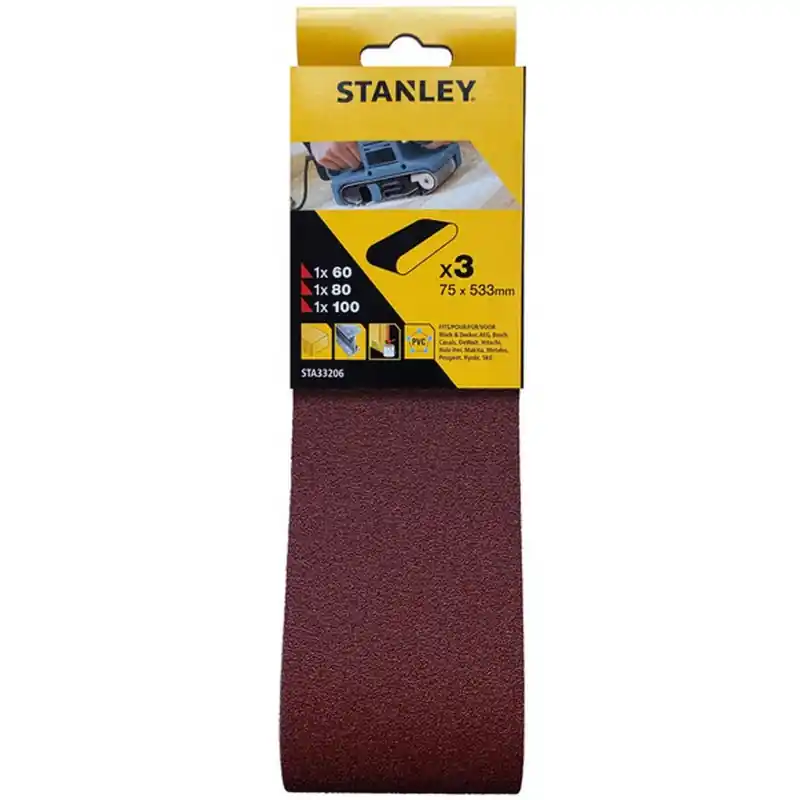 Stanley STA33206-XJ Schleifbänder 75x533mm, 1x P60, 1x P80, 1x P100, 3 Stück Preiswert