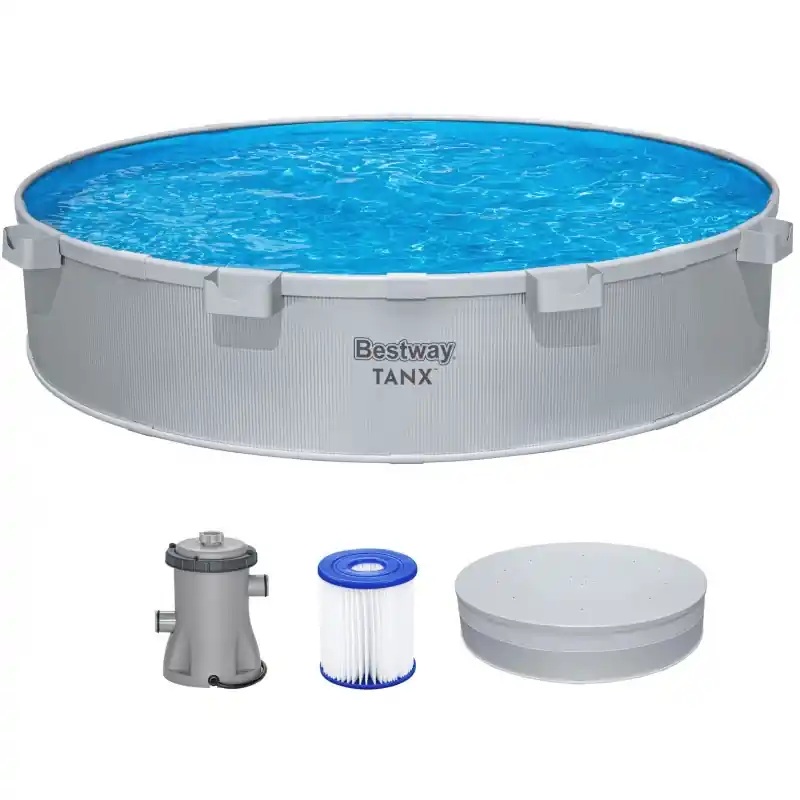 BESTWAY Tanx Stahlwandpool Set mit Filterpumpe 305 x 61 cm, grau, rund 561RW Preisknaller