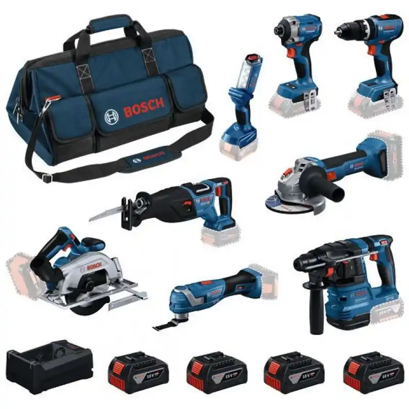 Zertifiziert BOSCH Werkzeug-Set PROFESSIONAL 18V GSB+GDR+GBH+GWS+GKS+GSA+GOP+GLI+4× 5,0 Ah 0615V00061