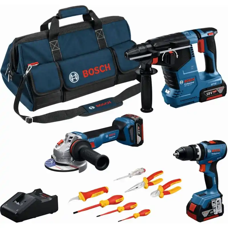 BOSCH PROFESSIONAL Werkzeug-Set GSB+GWS+GBH+3×5,0Ah+Schraubendreher und Zangen 0615A5007H Nur Für Kurze Zeit