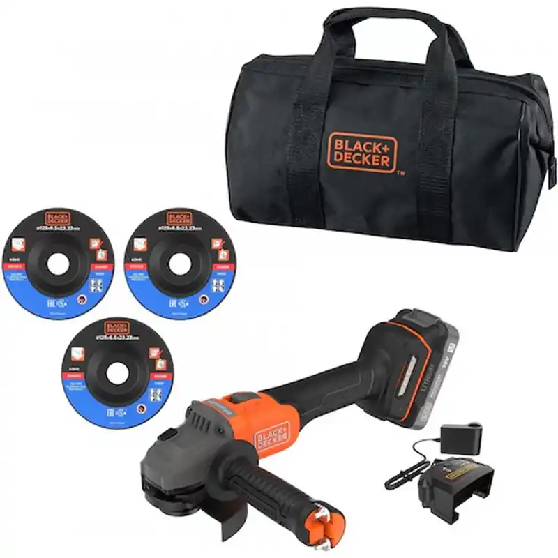 Sonderaktion Black Decker BCG6L8D1S-QW Akku bürstenloser Winkelschleifer (18V/1x2,0Ah), 3x Scheibe