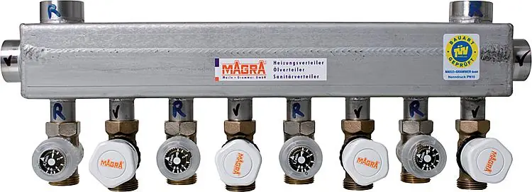 Edelstahl-Verteiler 60/60 mit mont. Ventilen und Rondo- Abgleichventil für 7 Heizgruppen Nur Für Kurze Zeit