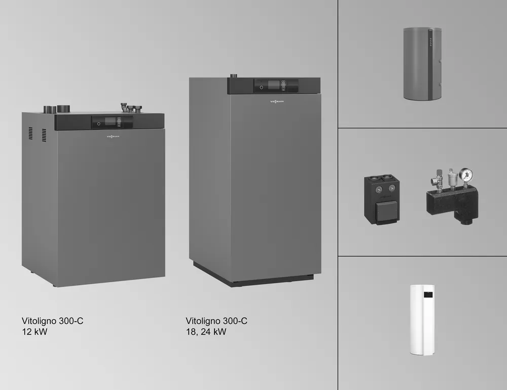 Viessmann Vitoligno 300-C Vollautomatischer Pelletkessel, 24 kW, inkl. 750 Liter Speicher Vitocell 320-M Z025162 Echt