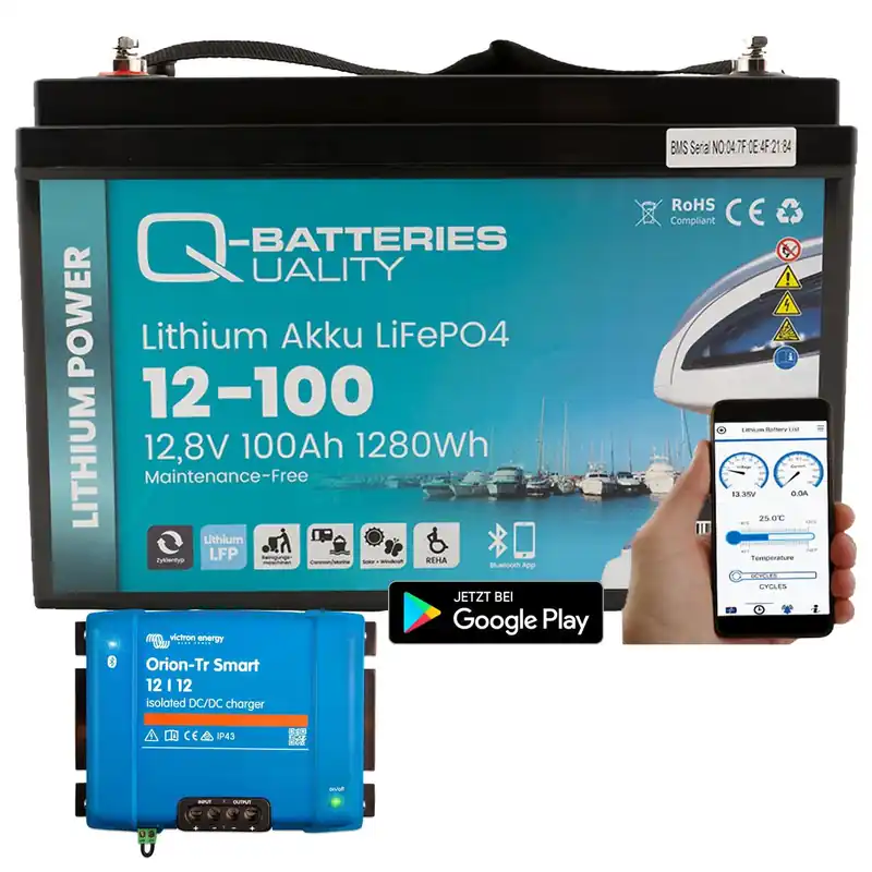 Top-Preis Q-Batteries Lithium Akku 12-100 12,8V 100Ah 1280Wh LiFePO4 Batterie mit Victron Orion Ladegerät