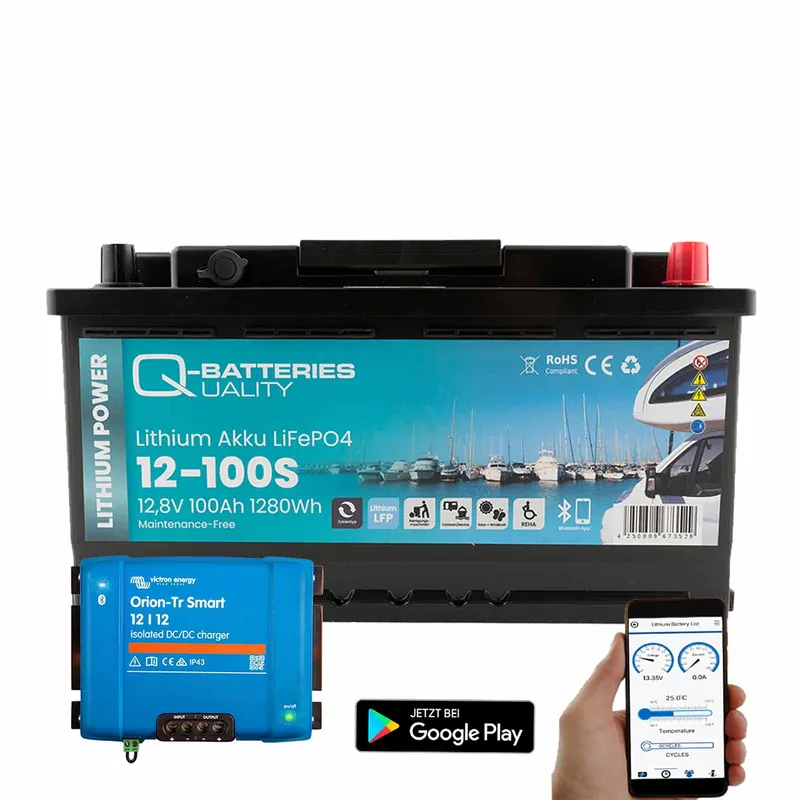 Q-Batteries Lithium Akku 12-100S 12,8V 100Ah 1280Wh LiFePO4 Batterie mit Victron Orion Ladegerät Sonderangebot