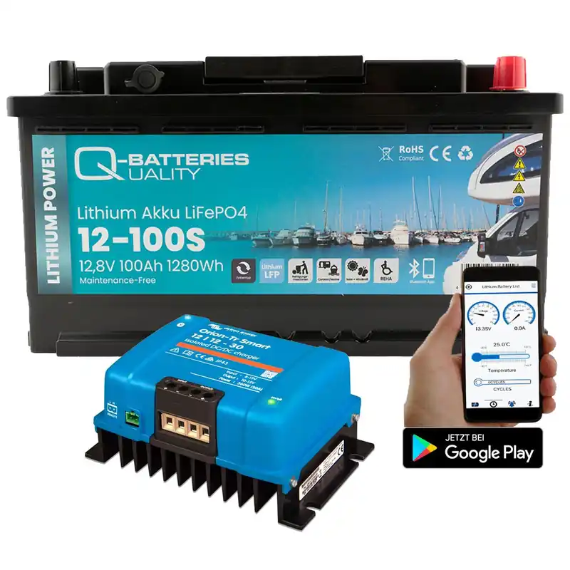 Q-Batteries Lithium Akku 12-100S 12,8V 100Ah 1280Wh LiFePO4 Batterie mit Victron Orion Ladegerät Schnäppchen