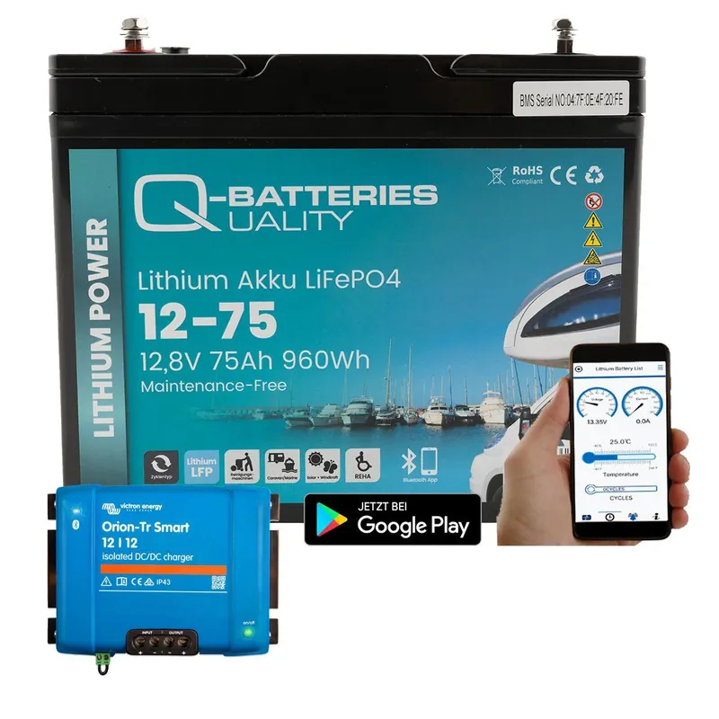 Q-Batteries Lithium Akku 12-75 12,8V 75Ah 960Wh LiFePO4 Batterie mit Victron Orion Ladegerät Neu