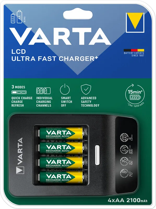 Wochenendangebot Varta Ladegerät 2100mAh LCD Ultra Fast Charger+ inkl. 4x AA 56706