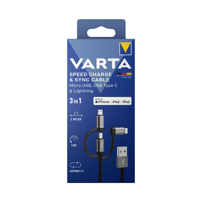 Sonderaktion VARTA Speed Charge Sync 3in1 Ladekabel Micro USB, USB-C, Lightning 2m für iPhone und iPad