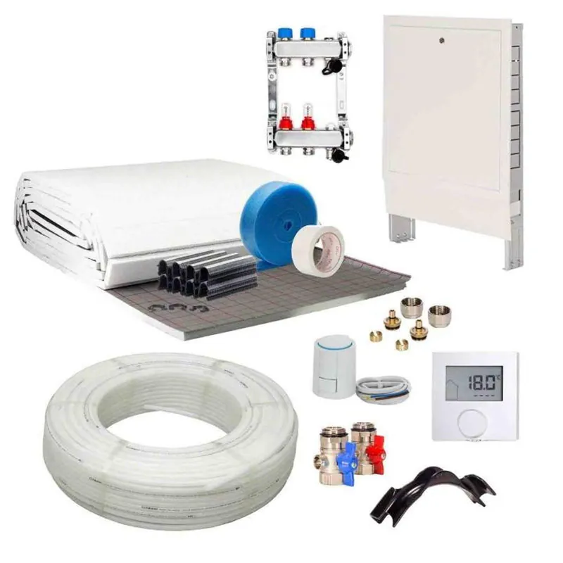 Neuheit 60 m² Set Tackersystem Rollbahn 30 mm WLG 045 16x2 PE-RT Rohr Raster 15 cm 4 Heizkreise LCD Regler 230 V + Zubehör