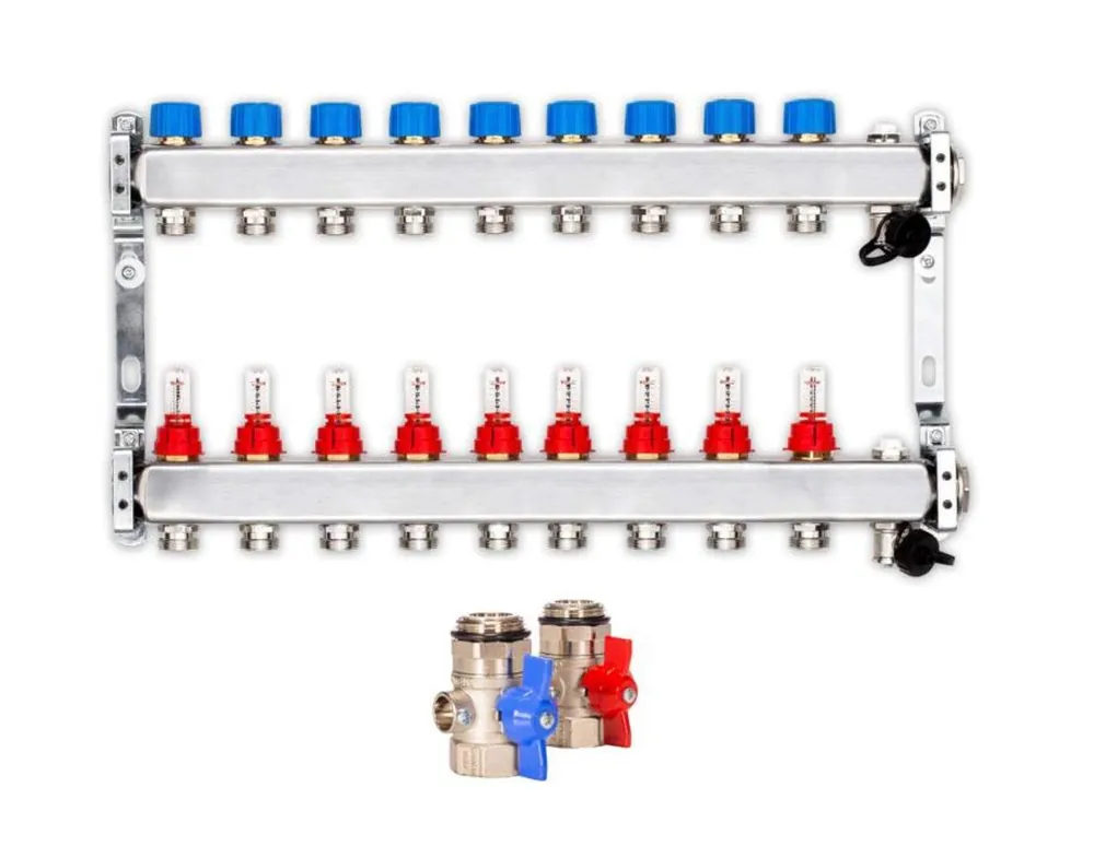 Heizkreisverteiler PREMIUM 9-fach mit Durchflussmesser und Kugelhahn-Set Expressversand