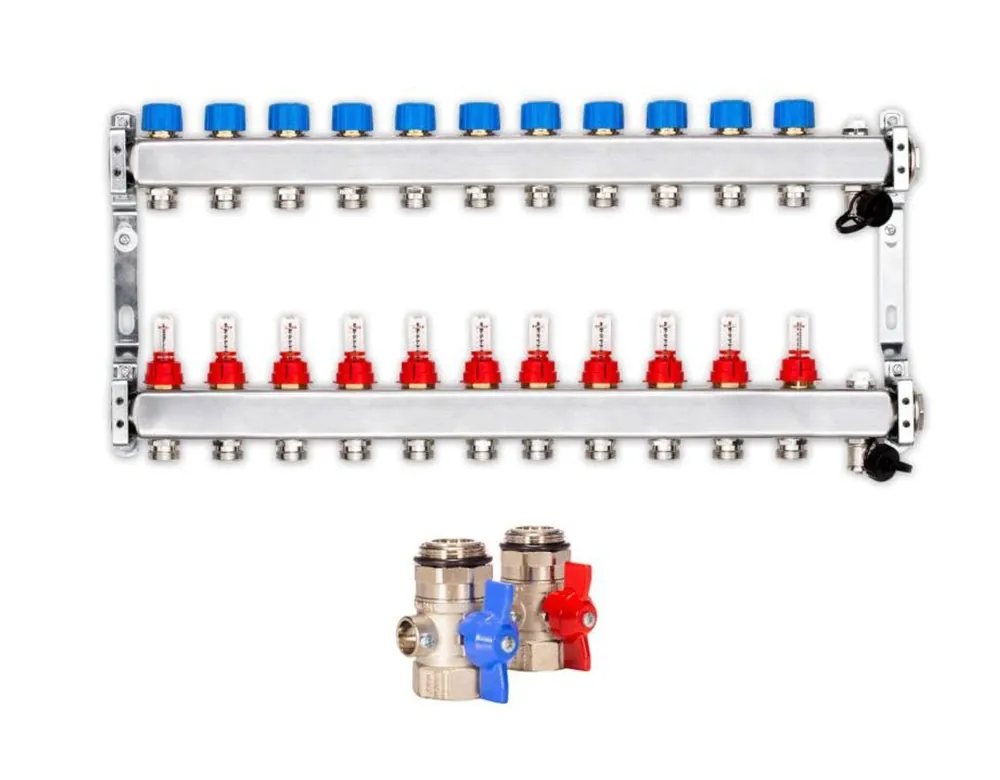 Heizkreisverteiler PREMIUM 11-fach mit Durchflussmesser und Kugelhahn-Set Preiswert