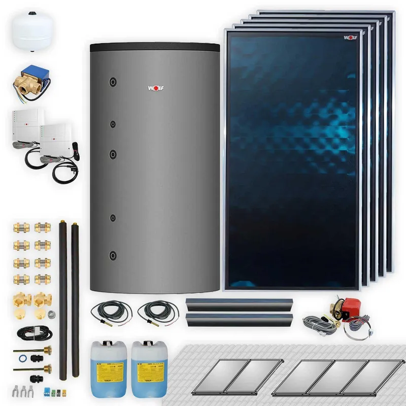 Wolf Solar Paket 11,5 m² mit 5 Flachkollektoren TopSon F3-1, SM2-2 Regelung und Schichten-Hygienespeicher BSH-800 Begrenztes Angebot