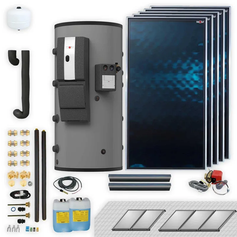 Heißes Angebot Wolf Solar Paket 11,5 m² mit 5 Flachkollektoren TopSon F3-1, SM2-2 Regelung, Schichten-Pufferspeicher BSP-800