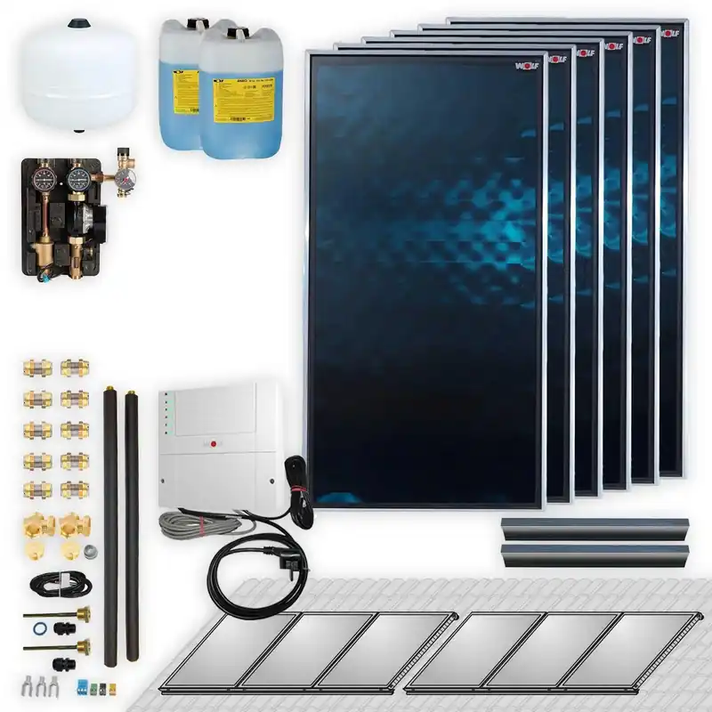 Wolf Solar Paket 13,8 m² mit 6 Flachkollektoren CFK-1, SM1-2 Regelung Knallerangebot