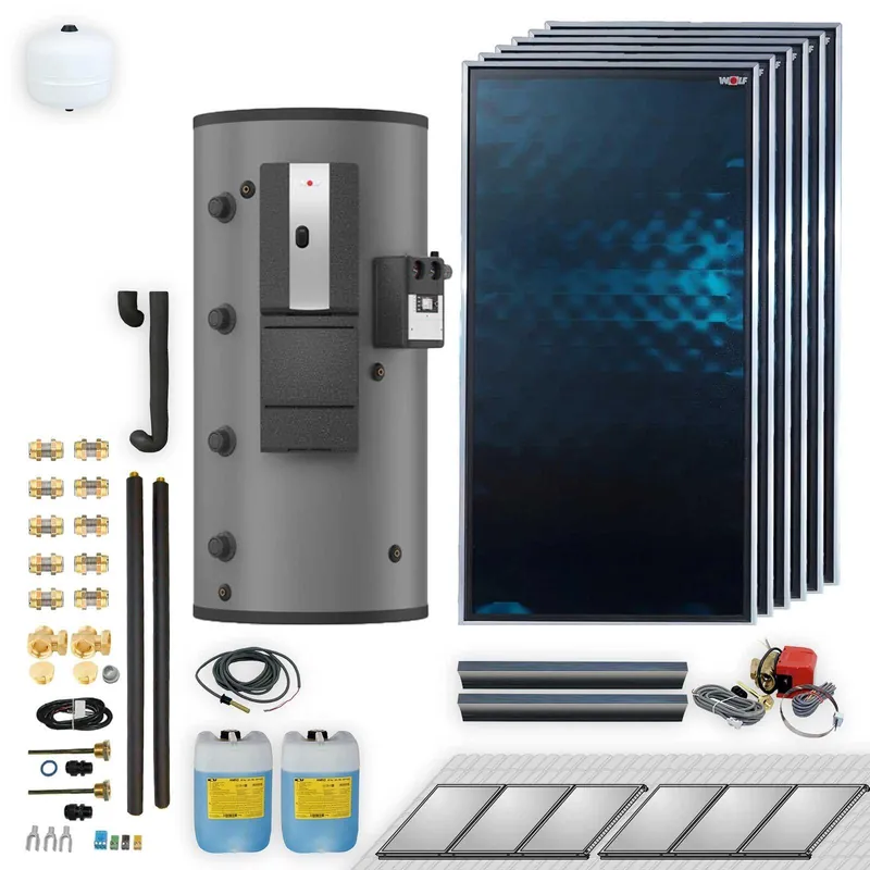 Zertifiziert Wolf Solar Paket 13,8 m² mit 6 Flachkollektoren TopSon F3-1, SM2-2 Regelung, Schichten-Pufferspeicher BSP-1000