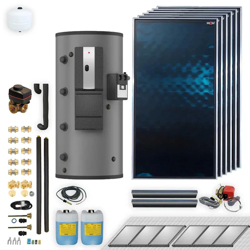 Direktkauf Wolf Solar Paket 13,8 m² mit 6 Flachkollektoren TopSon F3-1, SM2-2 Regelung, Schichten-Pufferspeicher BSP-W-1000