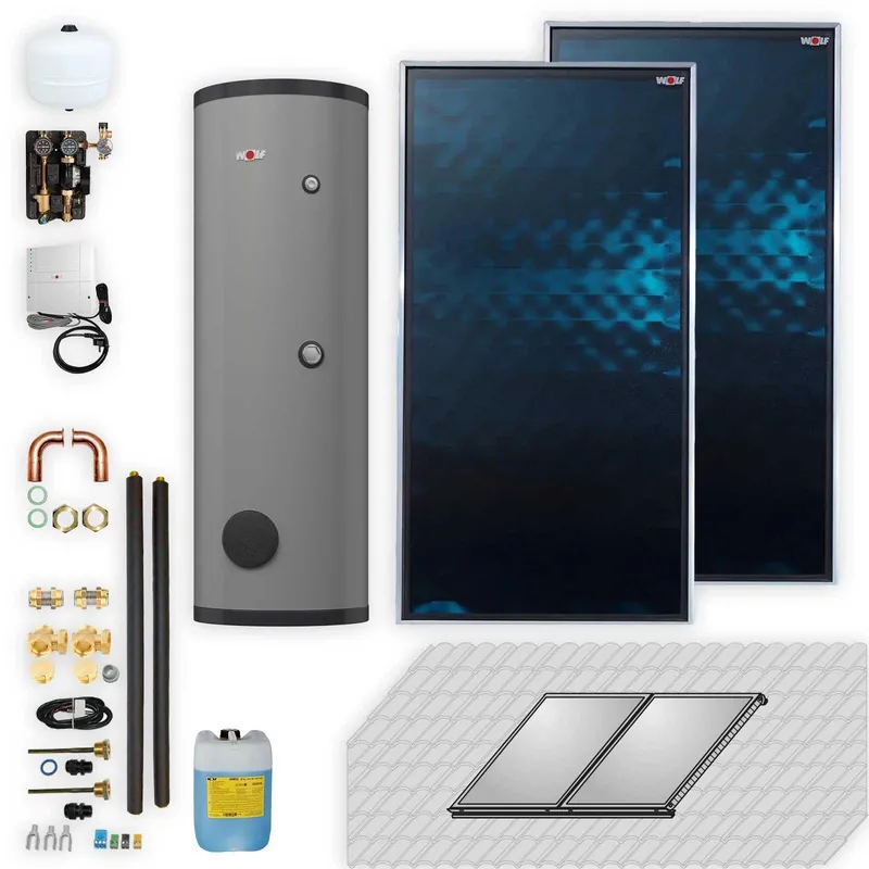 Mega-Angebot Wolf Solar Paket 4,6 m² mit 2 Flachkollektoren TopSon F3-1, SM1-2 Regelung, Solarspeicher SEM-2-300