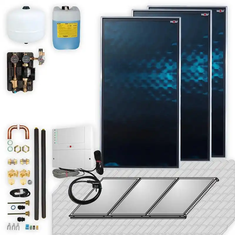 Finale Aktion Wolf Solar Paket 6,9 m² mit 3 Flachkollektoren TopSon F3-1, SM2-2 Regelung