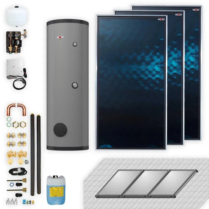 Wolf Solar Paket 6,9 m² mit 3 Flachkollektoren TopSon F3-1, SM2-2 Regelung, Solarspeicher SEM 2-400 Meistverkauft