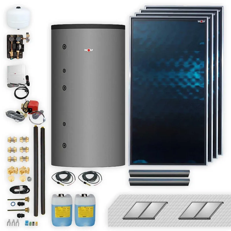 Saisonangebot Wolf Solar Paket 9,2 m² mit 4 Flachkollektoren TopSon F3-1 Aufdach, SM2-2 Regelung und Schichten-Hygienespeicher BSH-500