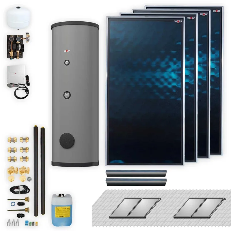 Garantierte Lieferung Wolf Solar-Paket 9,2 m² mit 4 Flachkollektoren CFK-1, SM1-2 Regelung und Solarspeicher SEM-1-500