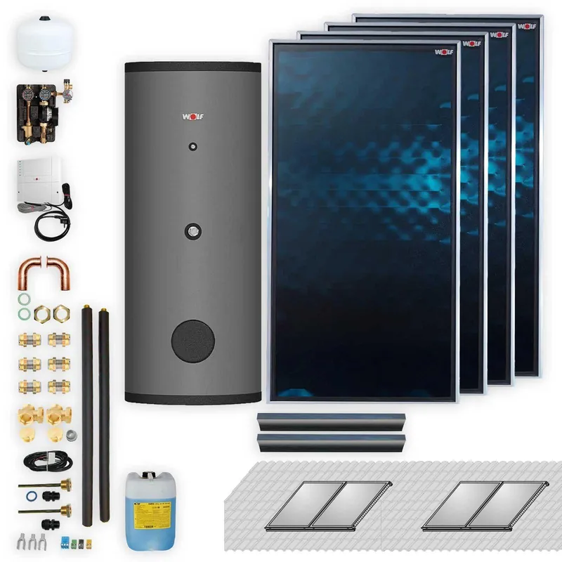 Wolf Solar-Paket 9,2 m² mit 4 Flachkollektoren CFK-1, SM2-2 Regelung, Solarspeicher SEM-1-500 Direktkauf