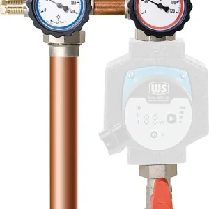 Rabatt Pumpenabsperrset DN25 (1") mit Bypass, Vorlauf rechts ÜWM und Thermometer rot/bl